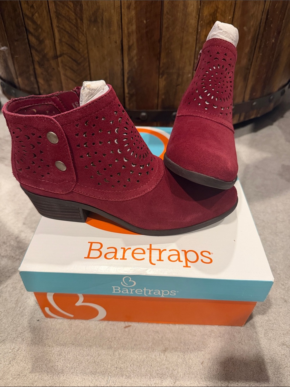 BareTraps Burgundy Suede Laser-Cut Ankle Booties